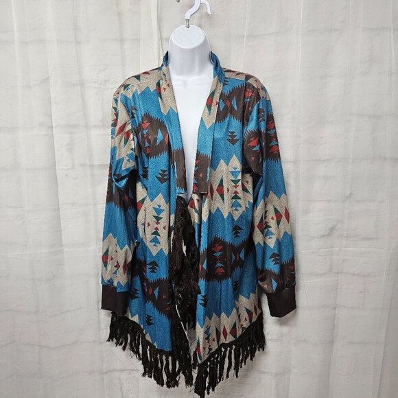 Blue Brown Aztec Kimono Fringed Southwestern Bohemian Cardigan XL - Picture 12 of 12
